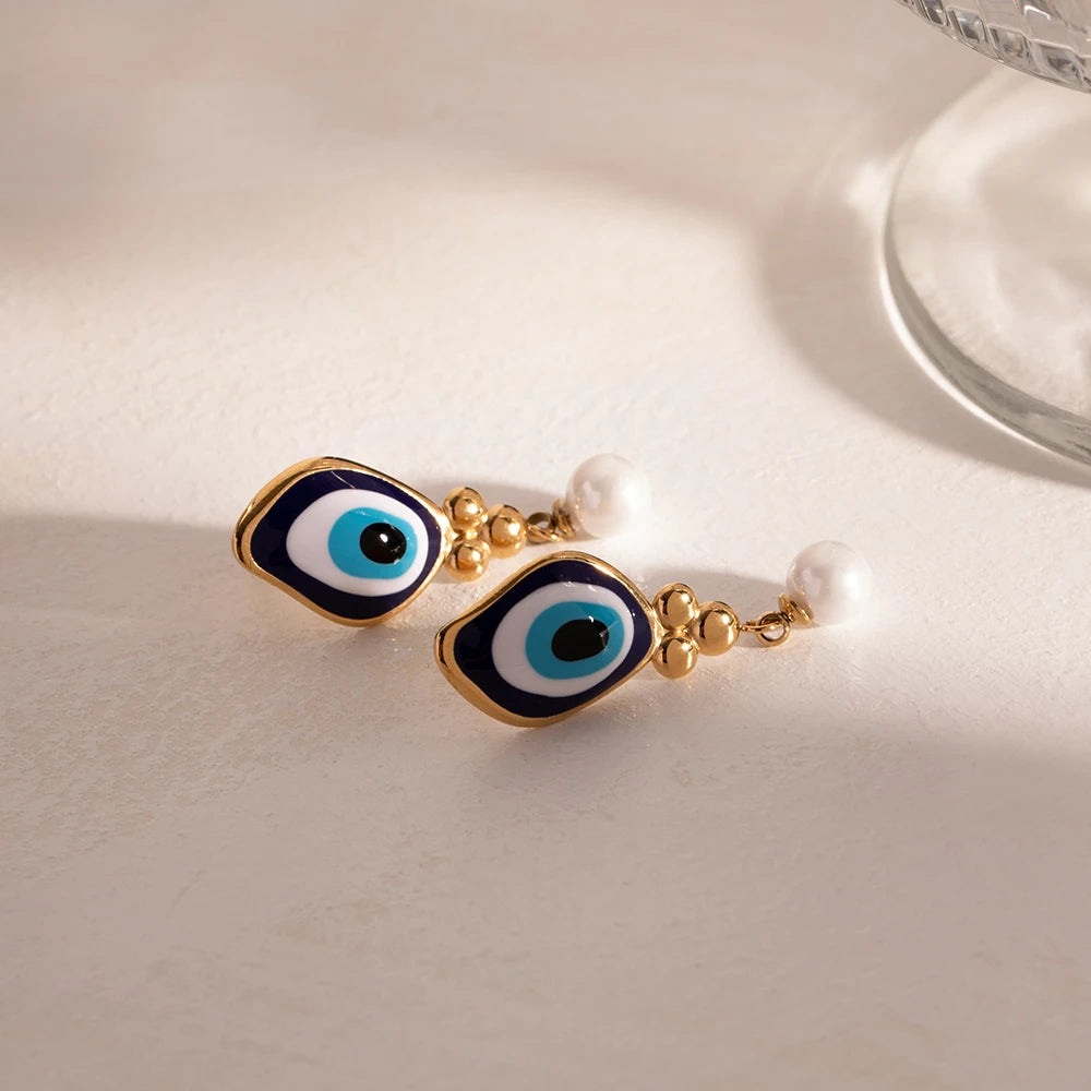 18k Evil Eye Pearl Drop Earrings