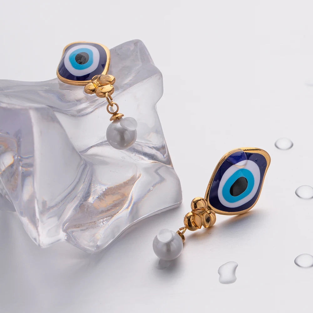 18k Evil Eye Pearl Drop Earrings