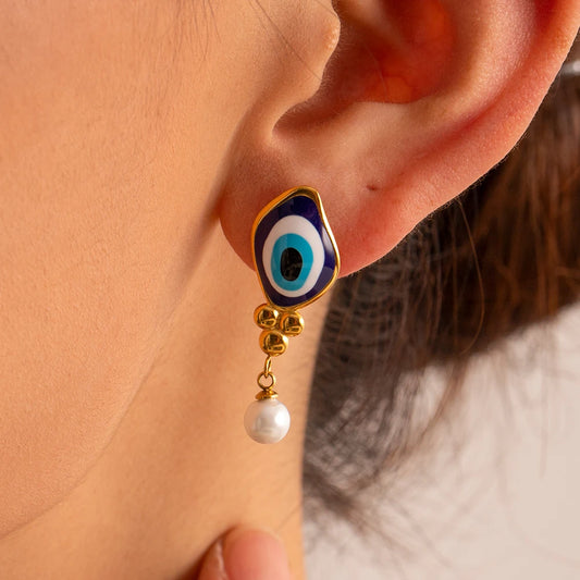 18k Evil Eye Pearl Drop Earrings