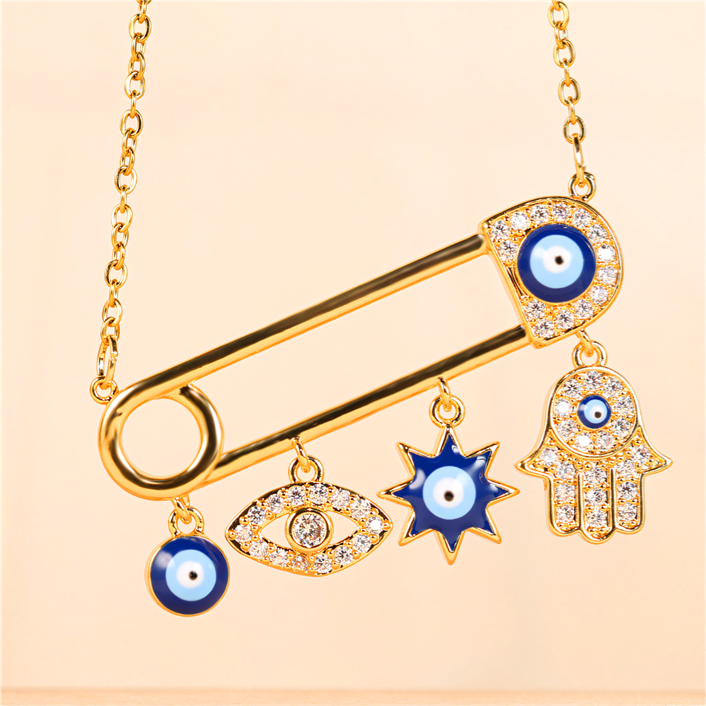 Evil Eye Safety Pin Charm Necklace