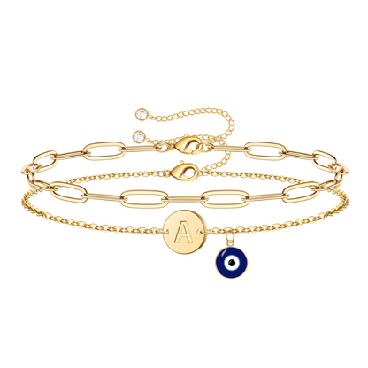 Evil Eye Paperclip Initial Bracelet