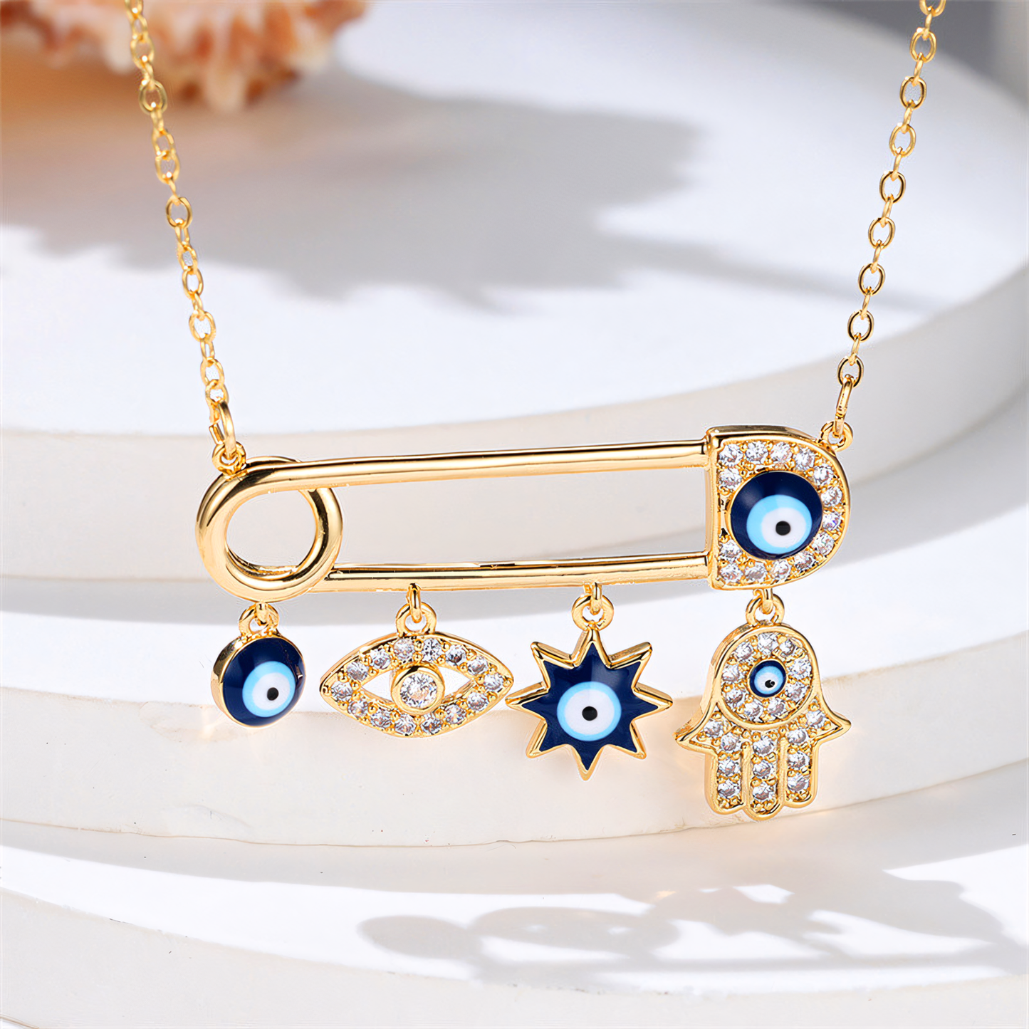 Evil Eye Safety Pin Charm Necklace