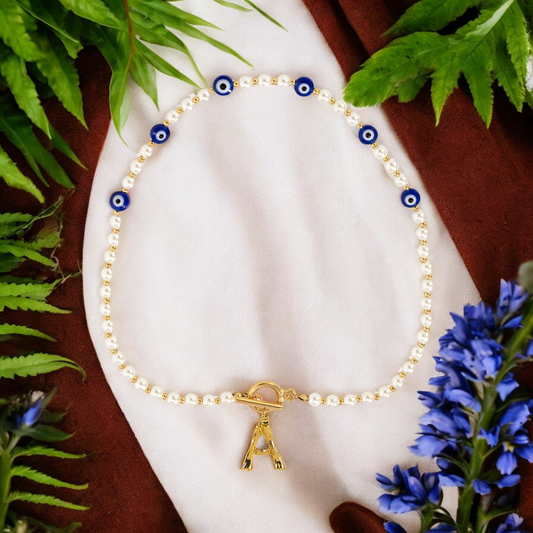 Pearl Evil Eye Initial Choker Necklace